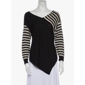 Max Mara Stripes V-Neck Sweater Asymmetrical Knit Pullover Black Cream Size